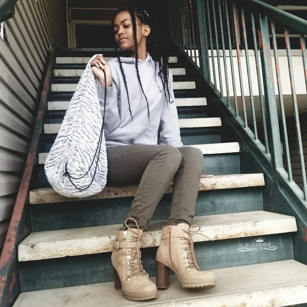 Layered Fuzzy Fur Grey And White Drawstring Bag *NEW*